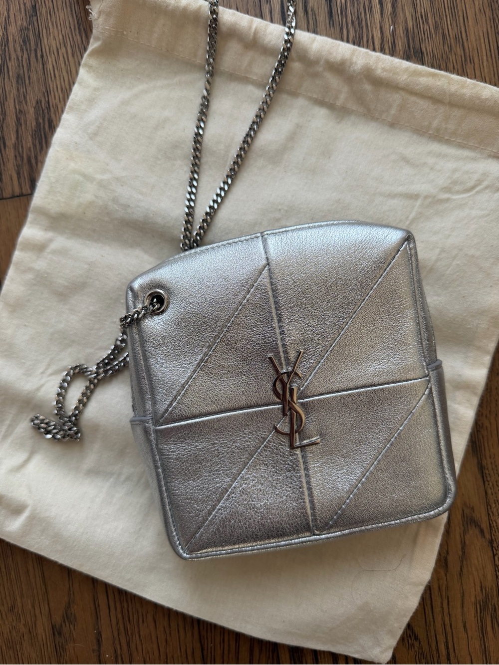 Yves Saint Laurent Silver Quilted Leather Crossbody Bag with Chain